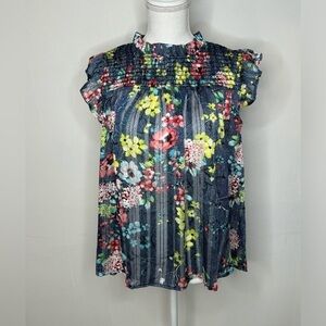 Navy Blue Sheer Floral Blouse